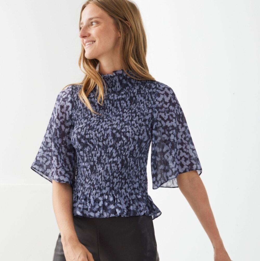 & Other Stories Blue Floral Smocked High Neck Flowy Wide Sleeves Dressy Top S
